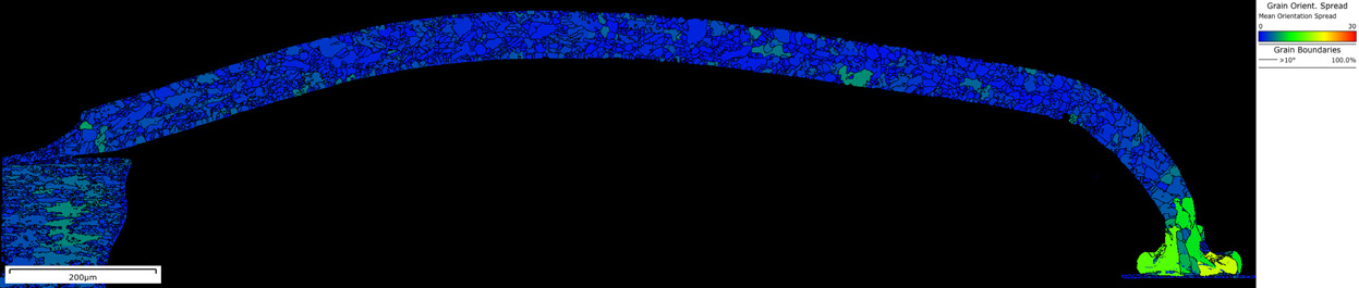 Higher resolution scan of the wire-device interface, with kernel average misorientation values highlighting the extensive deformation and potential delamination along one side of the interface. Scale bar marks 50 µm.