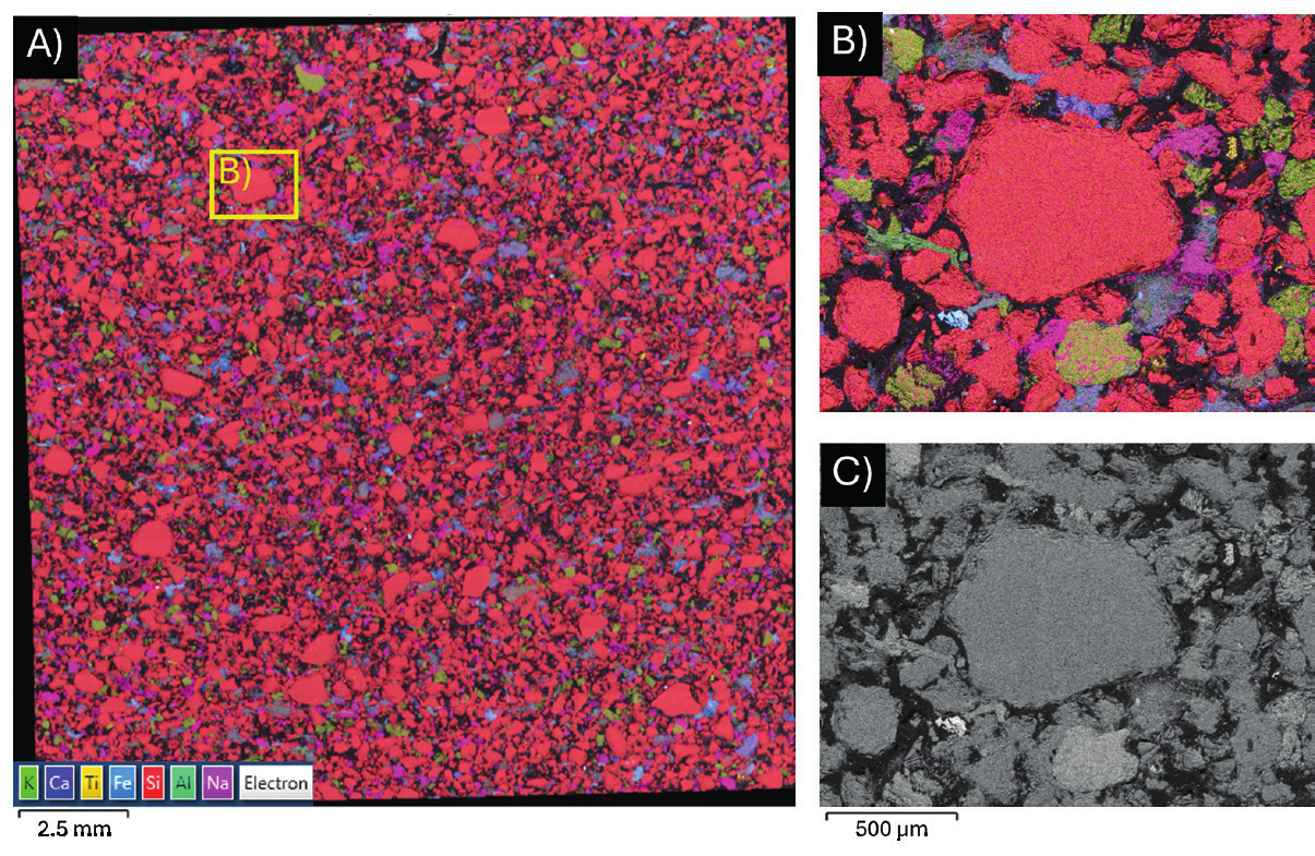 Figure 2. (A) Large area BEX cartography image of unpolished Caspian sandstone displaying its macrostructure. (B) Photomicrograph extracted from large area high resolution BEX cartography displaying grain relationships and microstructures. (C) Unity BSE image extracted from large area cartography. Figure 3. (A & B) Unity BSE images of skeletal albite crystals with high surface area in polished Caspian sandstone. (C) BEX photomicrograph displaying epoxy filled pore spaces of the Caspian sandstone (purple).