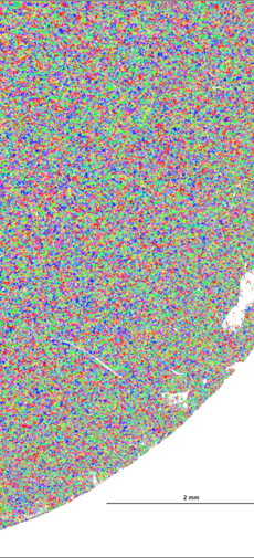 Fig. 3a: Grain map of ECD from the sample centre; Fig. 3b: Histogram of ECD from the sample centre; Fig. 4a: Grain map of ECD from the sample edge; Fig. 4b: Histogram of ECD from the sample edge; Fig. 5: Grain boundary characterisation from the sample centre; Fig. 6: Grain boundary characterisation from the sample edge