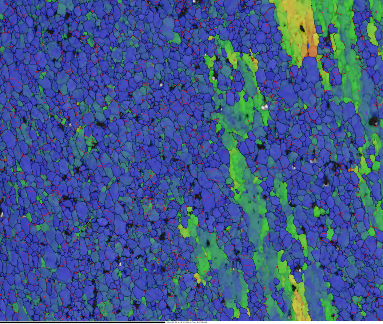 Detailed grain relative orientation distribution map of Area 1, scale bar 40 μm.