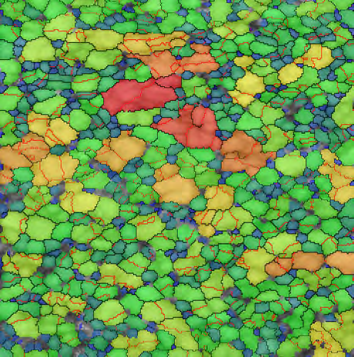 Fig. 5b. Grain size map of the same area. Note that blue grains have a diameter under 20 nm. Twin boundaries (red lines) have been excluded from the grain size measurement.