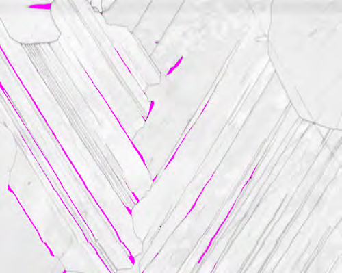 Fig. 3E – Band contrast with grain boundary and twin boundaries overlaid with α2 phase, traditional processing.
